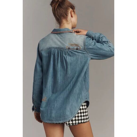 Anthropologie Pilcro Embroidered Icon Long Sleeve Denim top - Picture 2 of 11